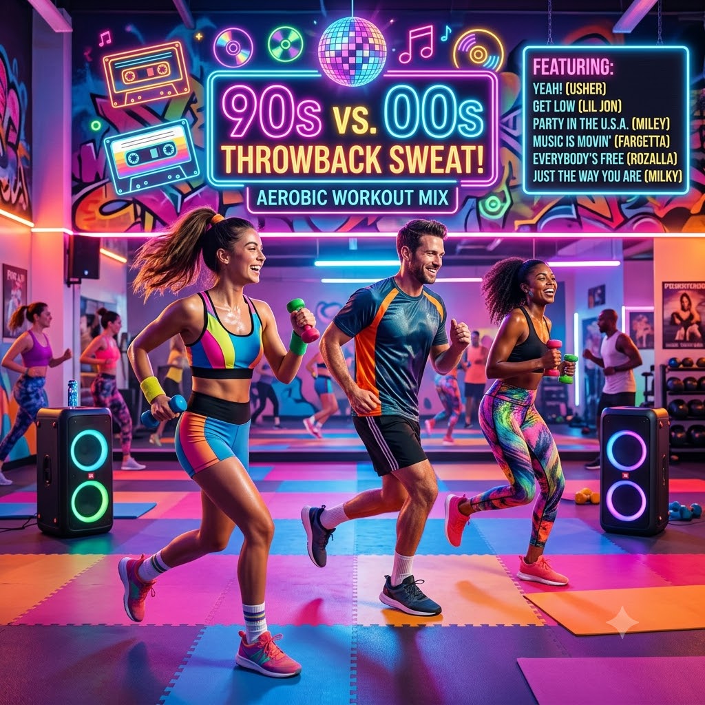 90s Vs. 00s Throwback Sweat: Ultimate Nostalgia Aerobic Workout Mix Bring the ultimate party energy to your next group fitness class or cardio session with 90s Vs. 00s Throwback Sweat! Packed with high-energy radio hits, iconic club anthems, and classic Eurodance tracks, this workout music compilation is designed to keep your heart rate up and your motivation high. Whether you are teaching step, spin, HIIT, or running, this throwback fitness playlist delivers non-stop nostalgia and seamless transitions to keep you moving. Track Highlights & Featured Hits: "Yeah!" – Usher "Get Low" – Lil Jon & The East Side Boyz "Party In the U.S.A." – Miley Cyrus "Just The Way You Are" – Milky "Music Is Movin’" – Fargetta (Eurodance Classic) "Everybody’s Free (To Feel Good)" – Rozalla (Eurodance Classic) Product Details: Genre: 90s & 2000s Pop, Hip-Hop, Eurodance & Club Classics Clean & Family-Friendly: PG-Rated (Explicit-free edits for all fitness environments) Ideal For: Group Fitness Instructors, Personal Trainers, Running Playlists, and Home Cardio Workouts