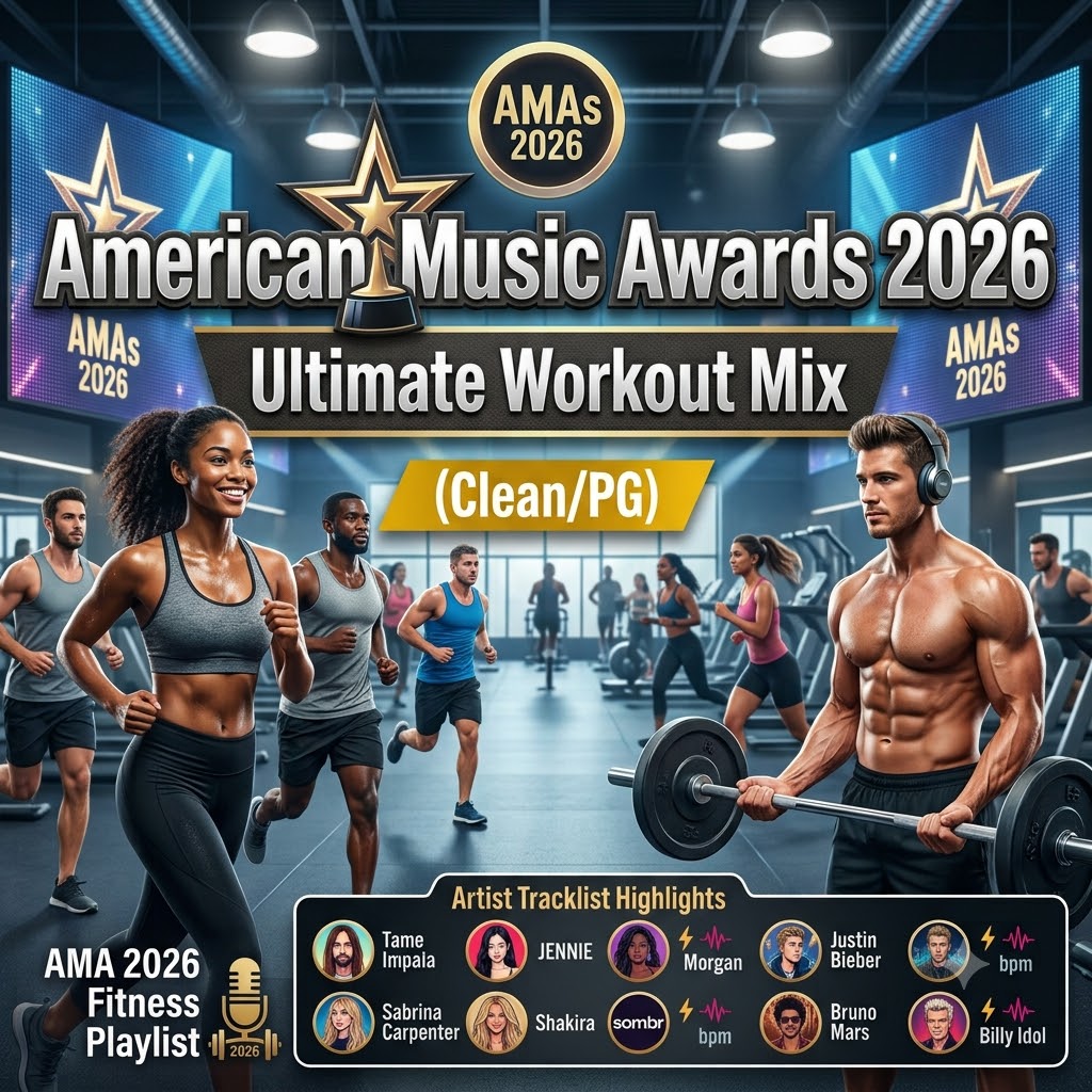 🎧 The Ultimate 2026 American Music Awards Workout Mix (Clean/PG) Bring the star-studded energy of the red carpet straight to your fitness routine! American Music Awards 2026 Fitness Playlist features the biggest nominees, chart-topping hits, and major winners from this year's AMAs. Engineered with seamless transitions and a high-energy BPM, this custom workout music mix is designed to keep your heart rate up and your motivation high. 🌟 Playlist Highlights & Artist Tracklist From award-winning pop anthems to heavy-hitting collaborations, this mix delivers non-stop motivation: AMA Chart-Toppers: Sweat it out to massive hits like “Dracula (JENNIE Remix)” by Tame Impala & JENNIE, the powerful duet “I Can’t Love You Anymore” by Ella & Morgan, Justin Bieber’s high-octane track “Speed Demon,” and the latest smash “House Tour” by Sabrina Carpenter. Artist Double Shots: Keep the momentum going with exclusive double shots of crowd favorites Shakira, sombr, and Bruno Mars. Lifetime Achievement Tribute: Celebrate rock legend Billy Idol’s Lifetime Achievement Award with a high-intensity inclusion of his signature anthem, “Rebel Yell.” 🚫 100% Clean & Family-Friendly: This entire AMA fitness playlist is PG-rated, making it completely safe for commercial gym play, group fitness classes, spin studios, and home workouts.
