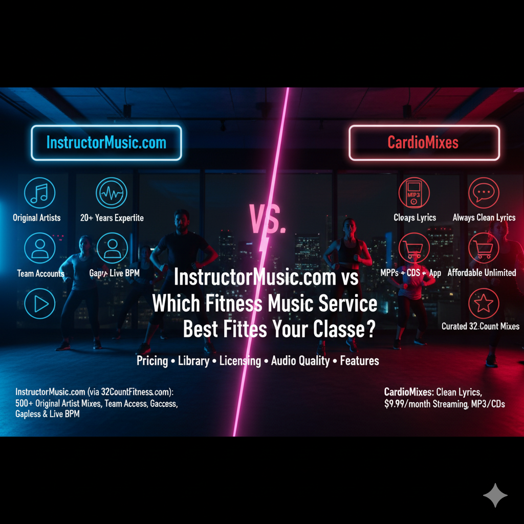 InstructorMusic Vs CardioMixes Compare InstructorMusic.com vs CardioMixes on pricing, library, quality, licensing, and features to choose the best fitness music service for instructors. The right soundtrack doesn't just fill silence—it amplifies coaching, sharpens choreography, and keeps your members coming back. In the competitive world of fitness music services, two names stand out for instructors who demand 32‑count phrasing and seamless energy: InstructorMusic.com and CardioMixes. Both specialize in class‑ready, original‑artist mixes, but they approach production, delivery, and pricing differently. This unbiased comparison breaks down InstructorMusic.com vs CardioMixes across pricing models, music library depth, audio quality and formats, workout music licensing considerations, user experience, target audiences, unique features, and support. Whether you're also exploring broader options—many instructors search "32CountFitness.com vs Power Music" when evaluating gym music providers—this guide will help you apply the same decision criteria here.