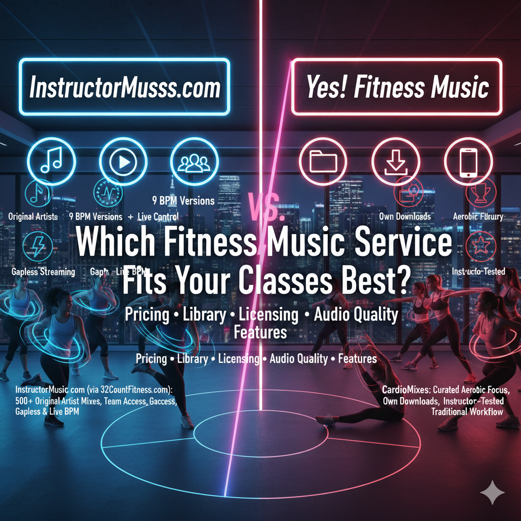 Great group fitness classes aren't just taught—they're orchestrated. The right soundtrack drives energy, sharpens transitions, and keeps members coming back. Two respected names in the fitness music industry, InstructorMusic.com and Yes! Fitness Music, both specialize in delivering class‑ready soundtracks for group exercise. Yet their production philosophies, library structures, and delivery models differ. This unbiased comparison examines InstructorMusic.com vs Yes! Fitness Music across pricing models, music library depth, audio quality and formats, workout music licensing considerations, user experience, target audiences, unique features, and support. Whether you're also researching "32CountFitness.com vs Power Music" or exploring other gym music providers, the decision criteria covered here will help you select the fitness music service that best matches your formats, workflow, and budget.