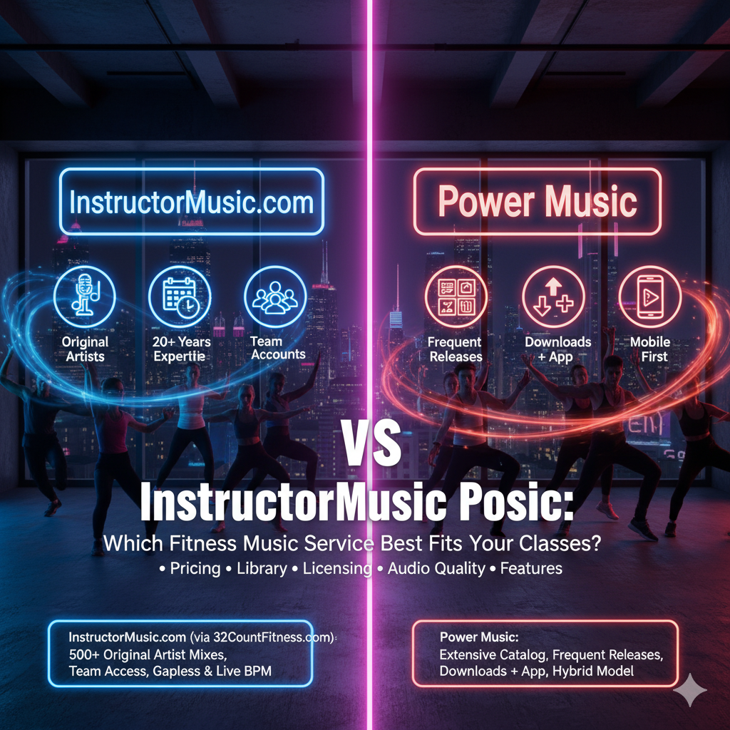 InstructorMusic Vs Power Music Compare InstructorMusic.com vs Power Music on pricing, library, quality, licensing, and features to pick the best fitness music service for your needs. In group fitness, the right music isn't background—it's a coaching tool that drives energy, timing, and retention. Two established names in the industry, InstructorMusic.com and Power Music, both aim to deliver class‑ready soundtracks that keep members moving. Yet their approaches differ significantly. This unbiased comparison examines InstructorMusic.com vs Power Music across pricing models, music library depth, audio quality and formats, workout music licensing considerations, user experience, target audiences, unique features, and support. Whether you're researching "32CountFitness.com vs Power Music" or exploring other gym music providers, the decision criteria covered here will help you choose the fitness music service that best aligns with your formats, workflow, and budget.